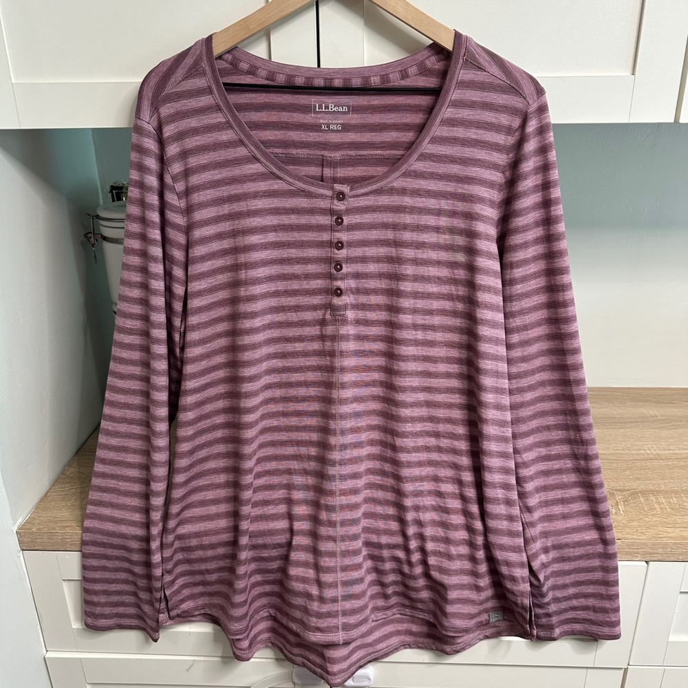 L.L.Bean Henley Top Women XL Purple Striped Long Sleeve Tencel Blend Base Layer